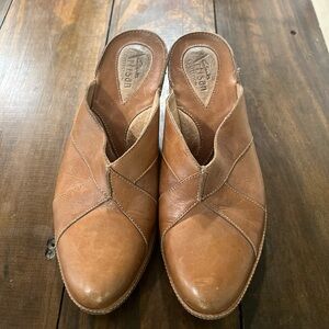 Clarks Women Brown Leather Slip-On Mules with wedge heel